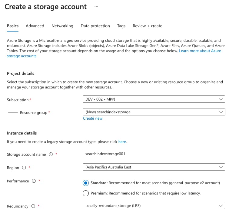 Implementing Fuzzy Search Using Azure Cognitive Search - create storage account